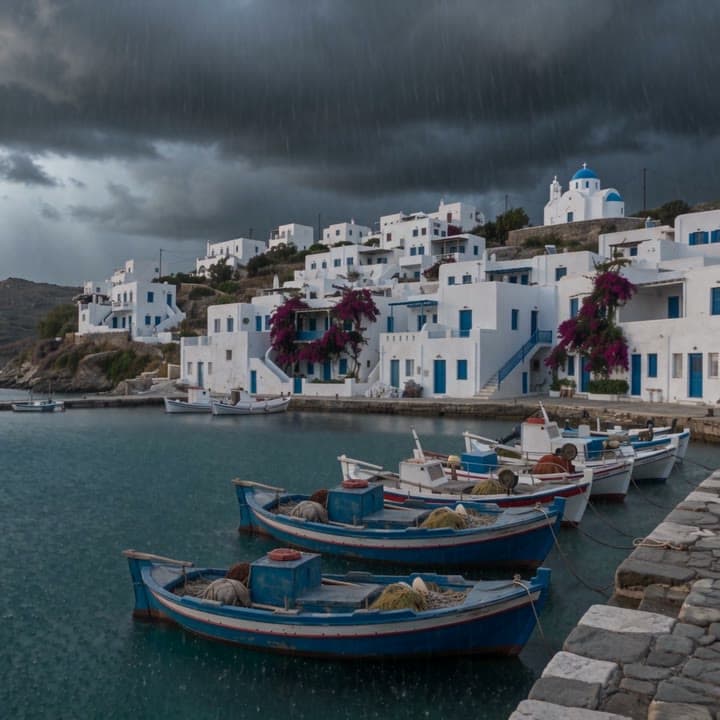 A Cycladic harbour, a rain shower, a real run on Leap