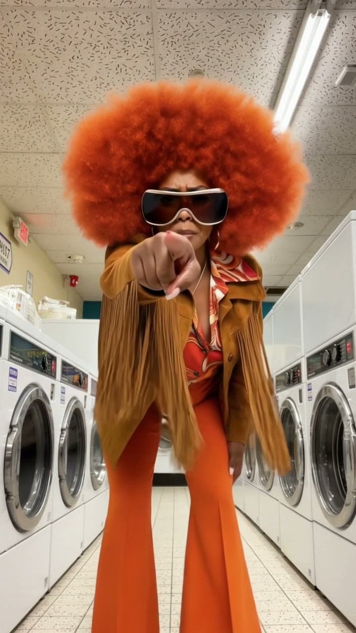 A copper-afro seventies diva does the laundromat dance, a real run on Leap