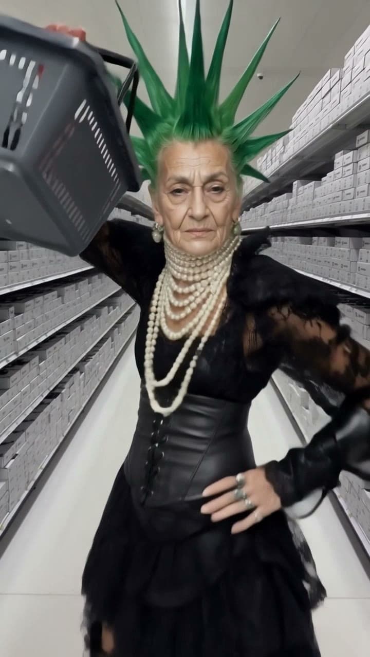 An 80-year-old goth with a green mohawk does the supermarket strut, a real run on Leap