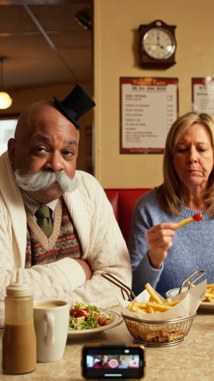 A walrus-mustached gent in a tiny top hat takes the diner line, a real run on Leap