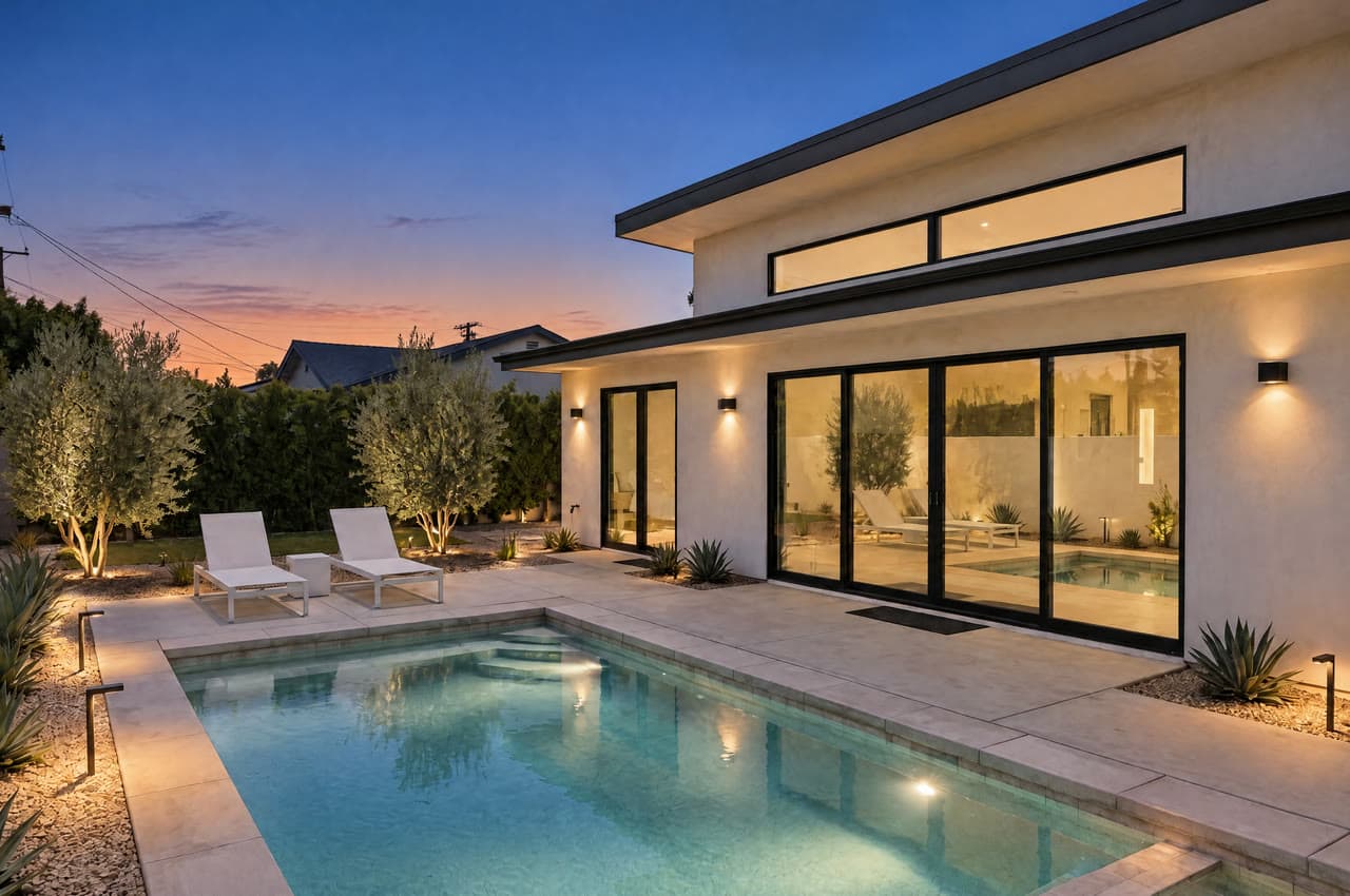 A pool house at blue hour, a real run on Leap