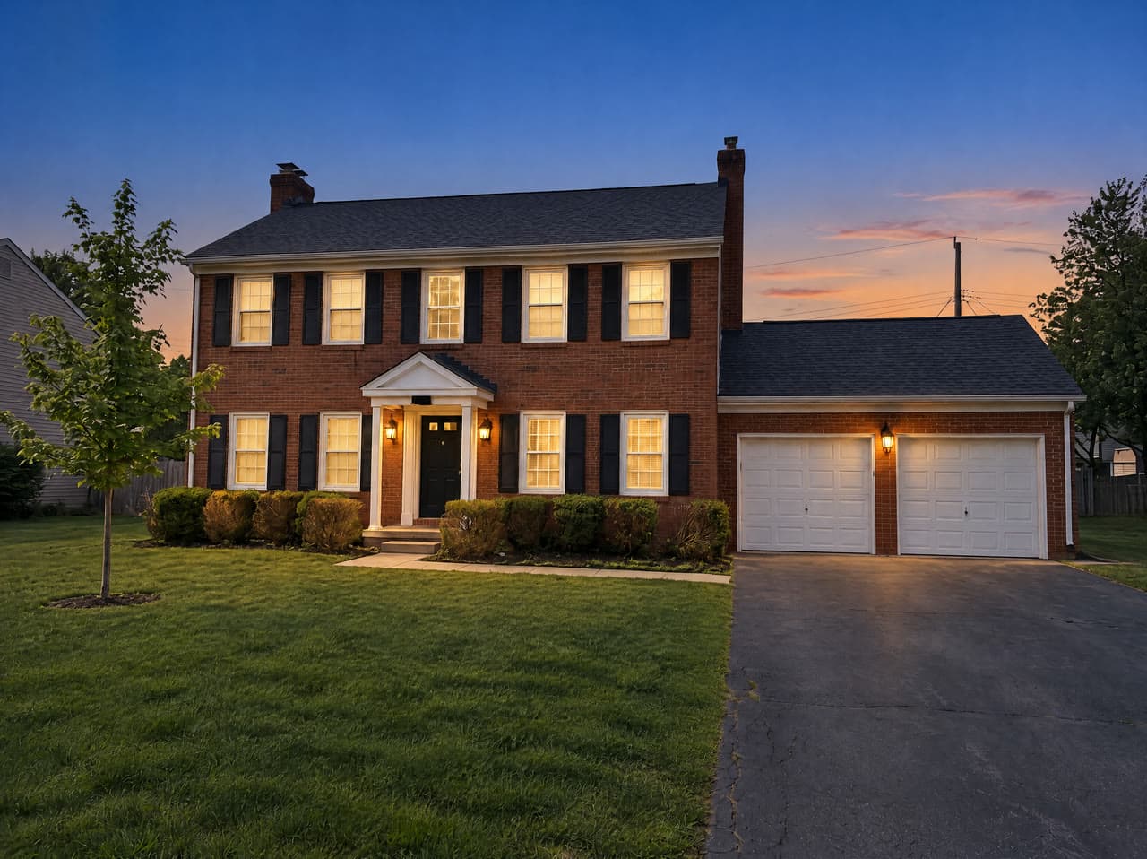 A brick colonial at blue hour, driveway cleared, a real run on Leap