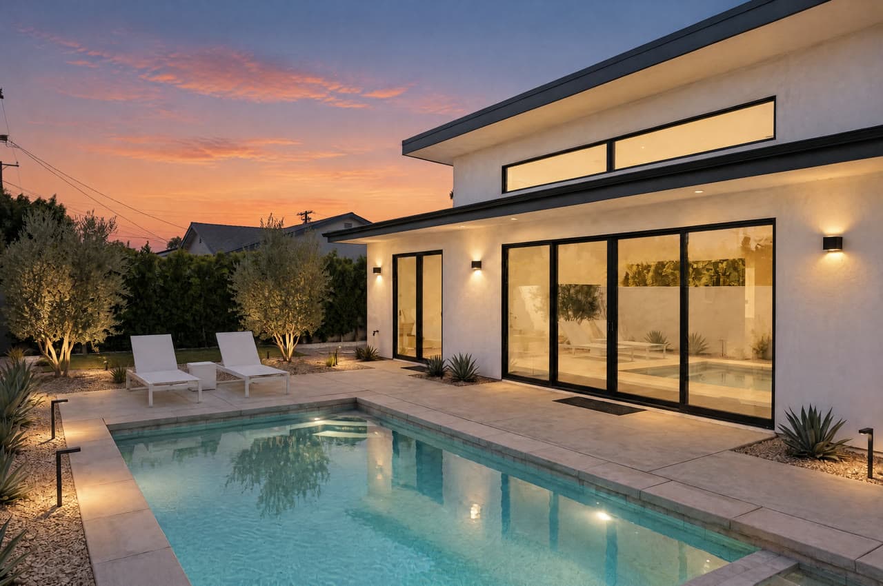 The pool house at sunset, a real run on Leap