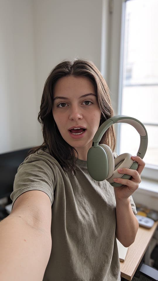 Headphones, deadpan at the desk, a real run on Leap