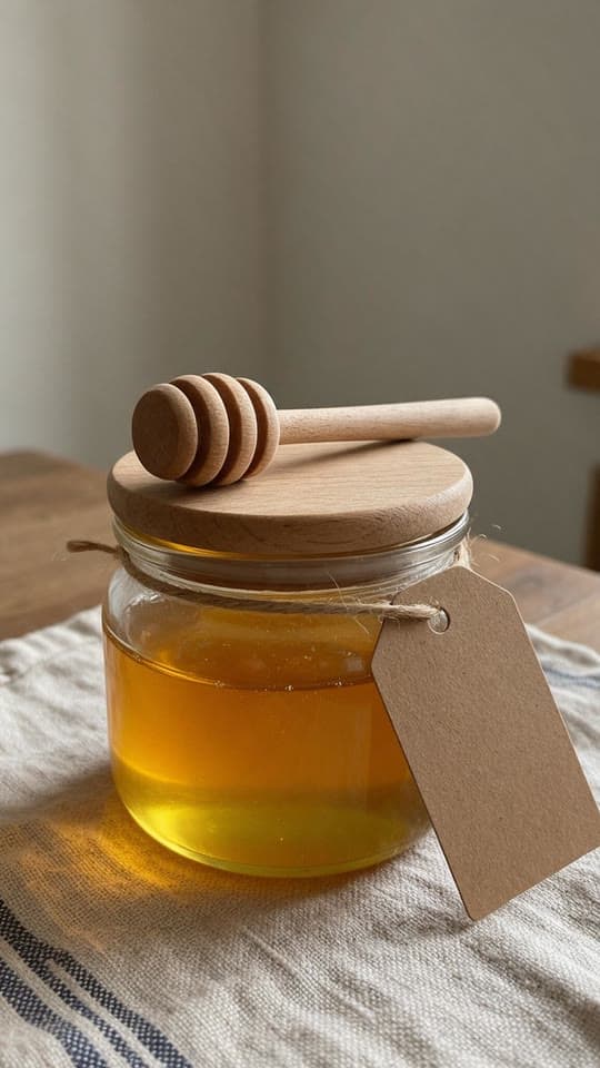 The photo raw honey, deadpan in the kitchen started from