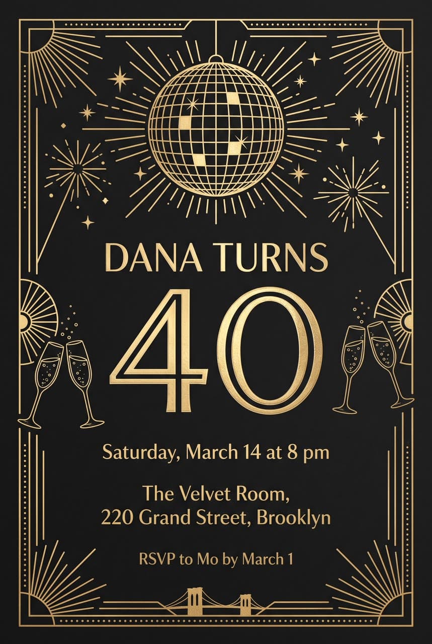 The photo dana turns 40, gold foil under a spotlight started from