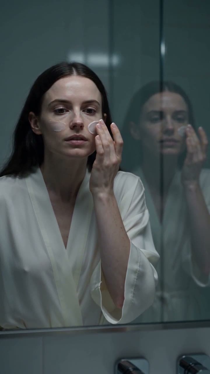 A woman applies cream at a bathroom mirror under a flickering light, shot like a horror film