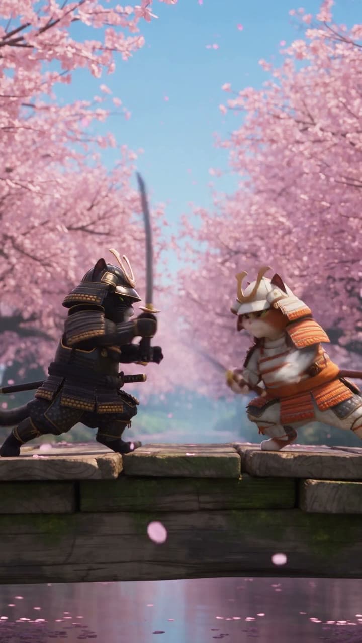 Two armored cats duel on a bridge under cherry blossoms, anime style