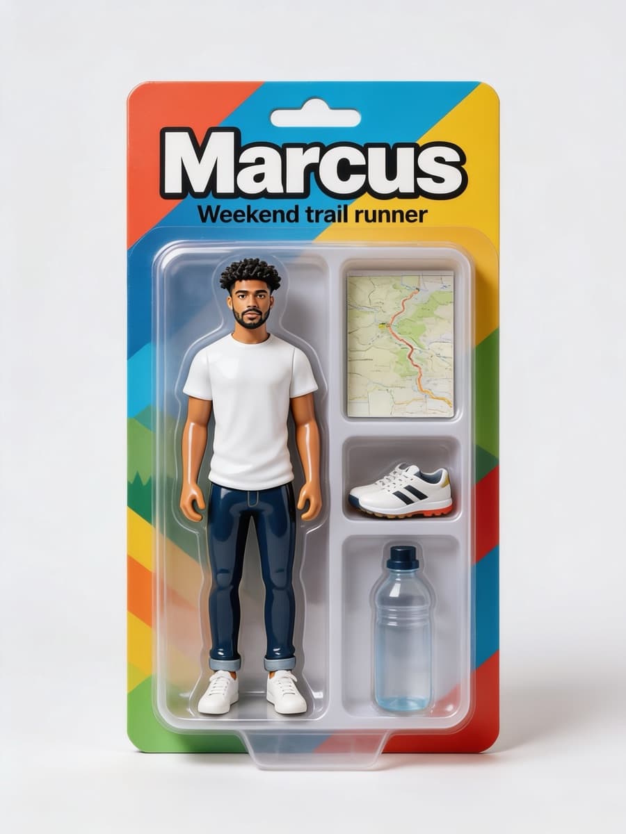 A boxed action figure of a man named Marcus, weekend trail runner, with a map, sneakers and a bottle