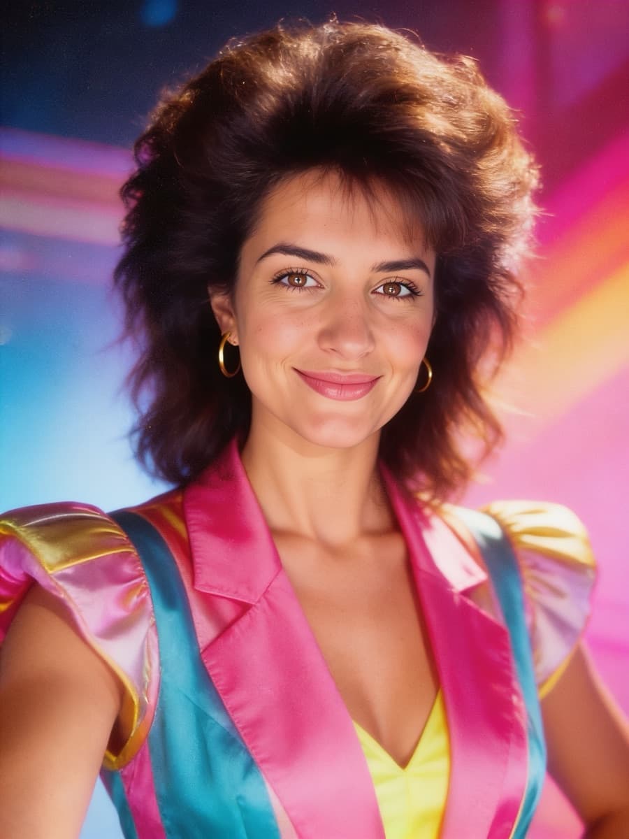 The woman as an 1980s studio portrait: big hair, a pink and teal jacket, a laser backdrop