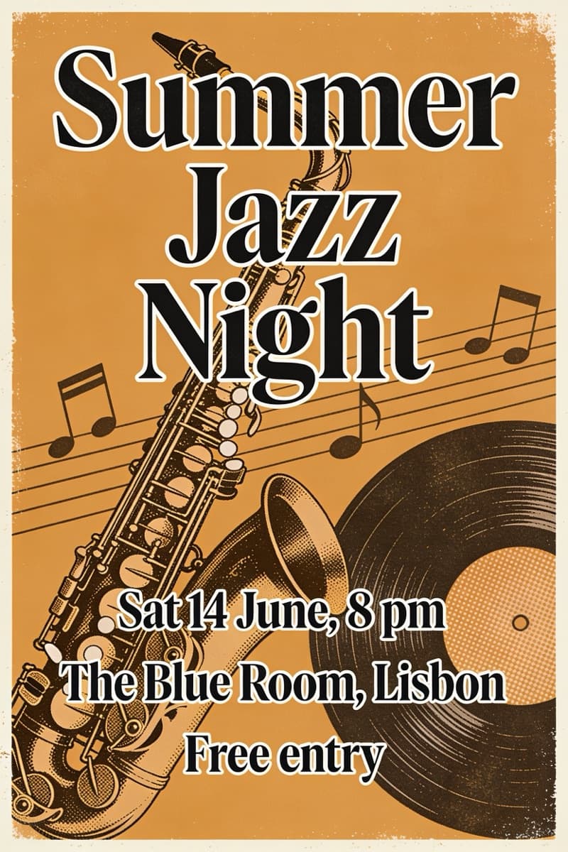A retro poster for Summer Jazz Night, Saturday 14 June, The Blue Room, Lisbon