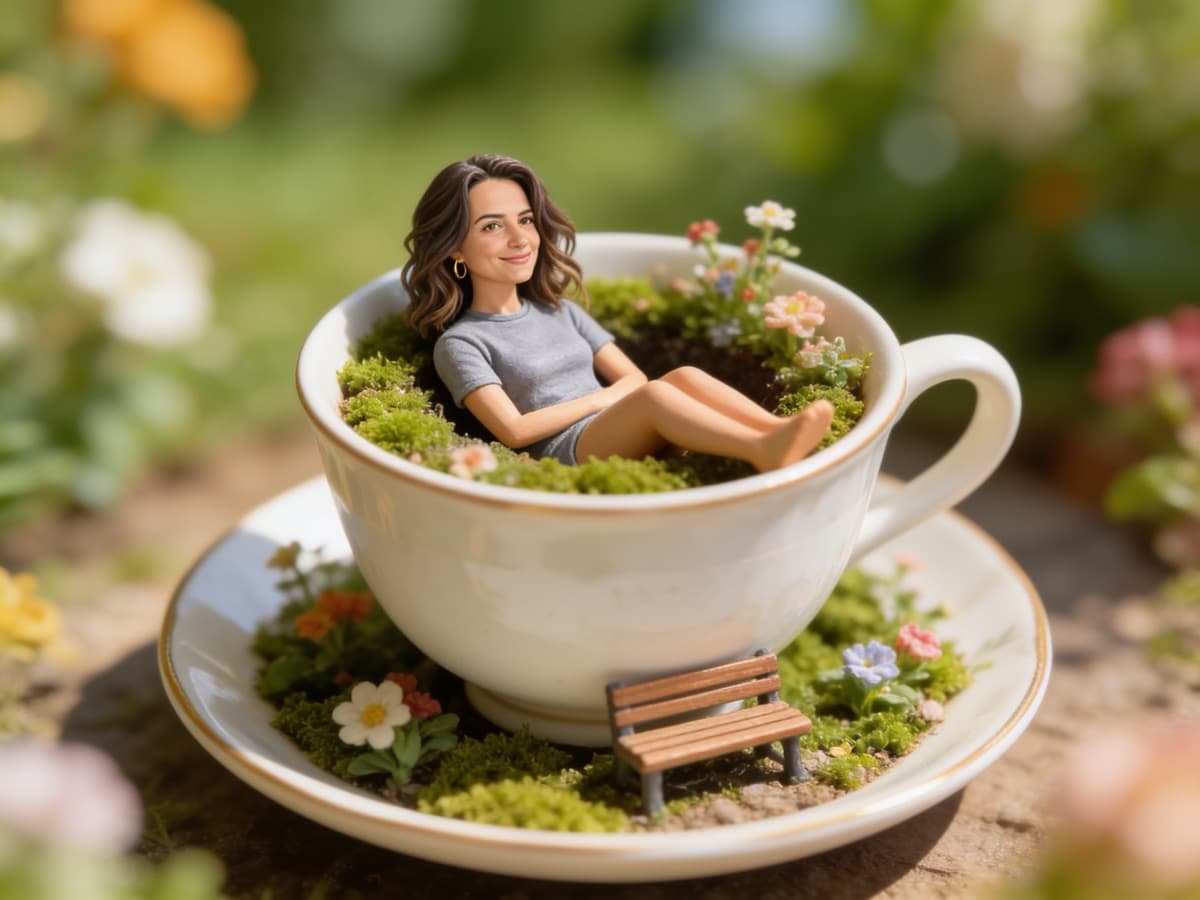 A tilt-shift miniature of the woman relaxing in a teacup garden with a tiny bench