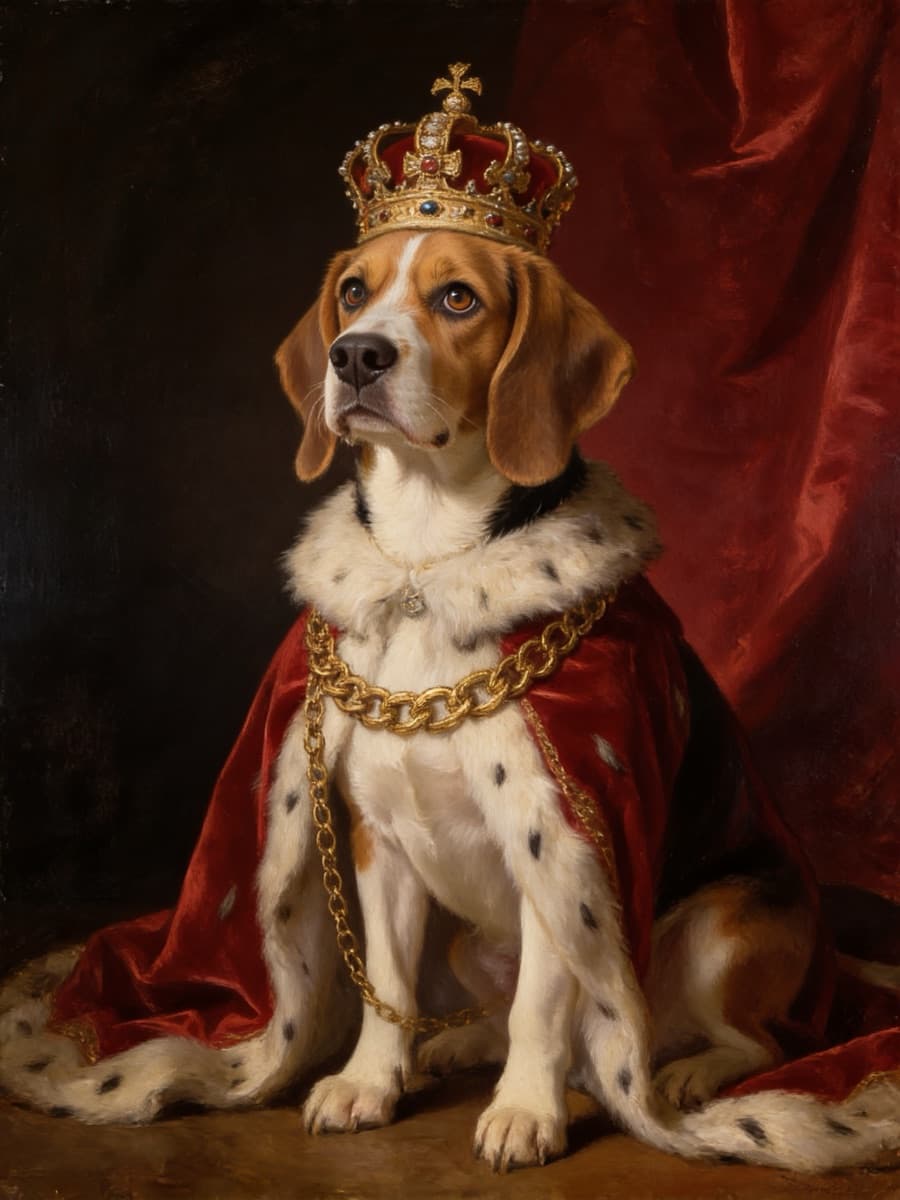 The beagle as an 18th-century oil painting, in a crown and an ermine cape