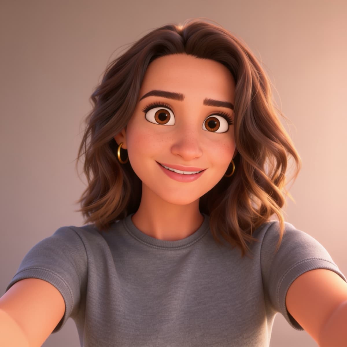 The same woman as an animated film character, taking a selfie