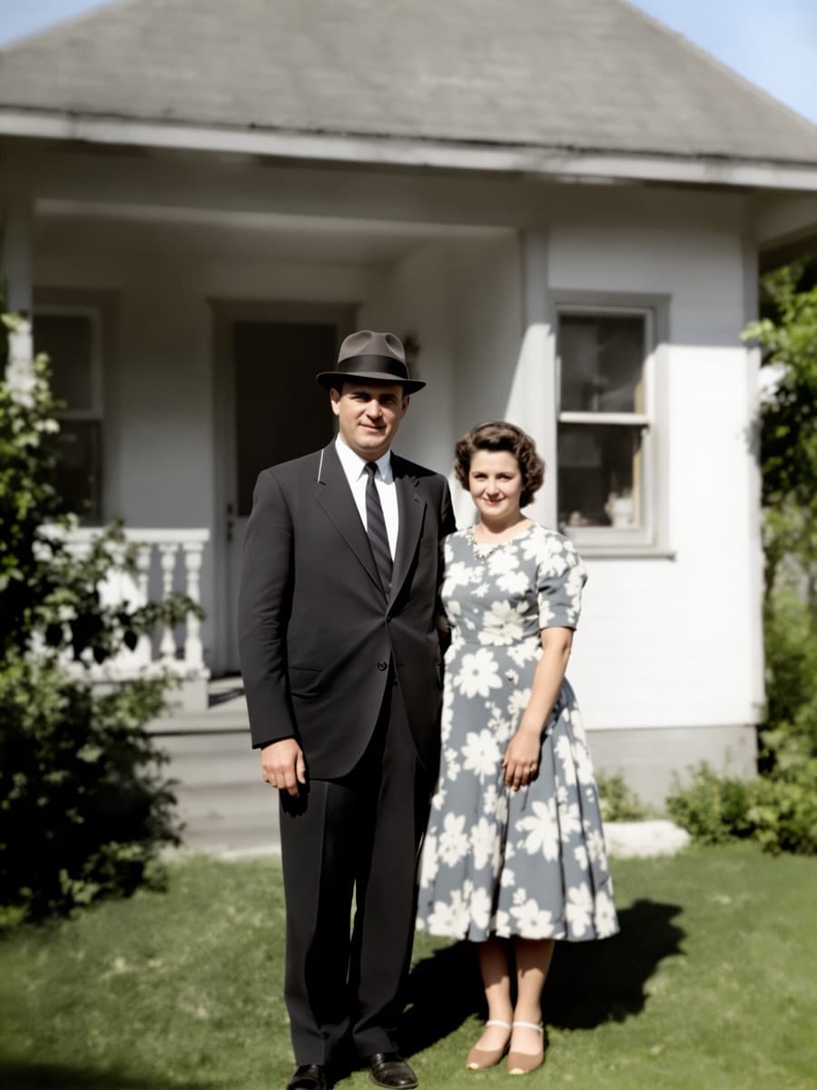 The old photo restored and colorized: the couple in front of a white house