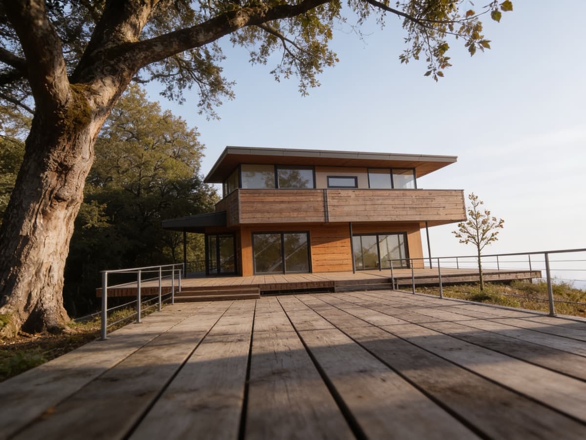 The sketched house as a photo: wood and glass, a deck and an old tree