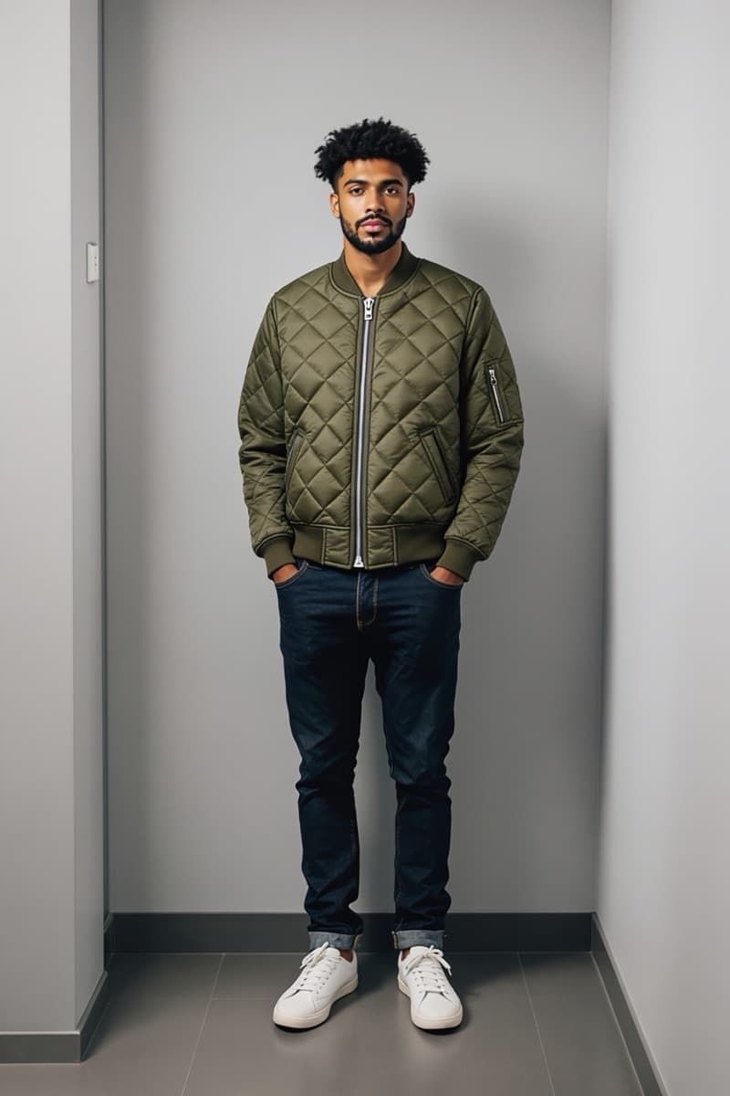 The man from the full-length photo wearing the olive quilted bomber jacket